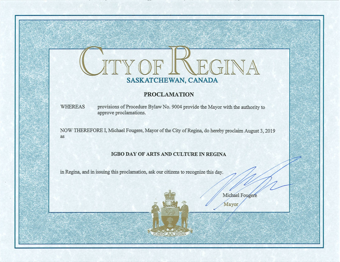 City of Regina Officially Proclaims August 3, 2019 as Igbo Day of Arts and Culture in Regina